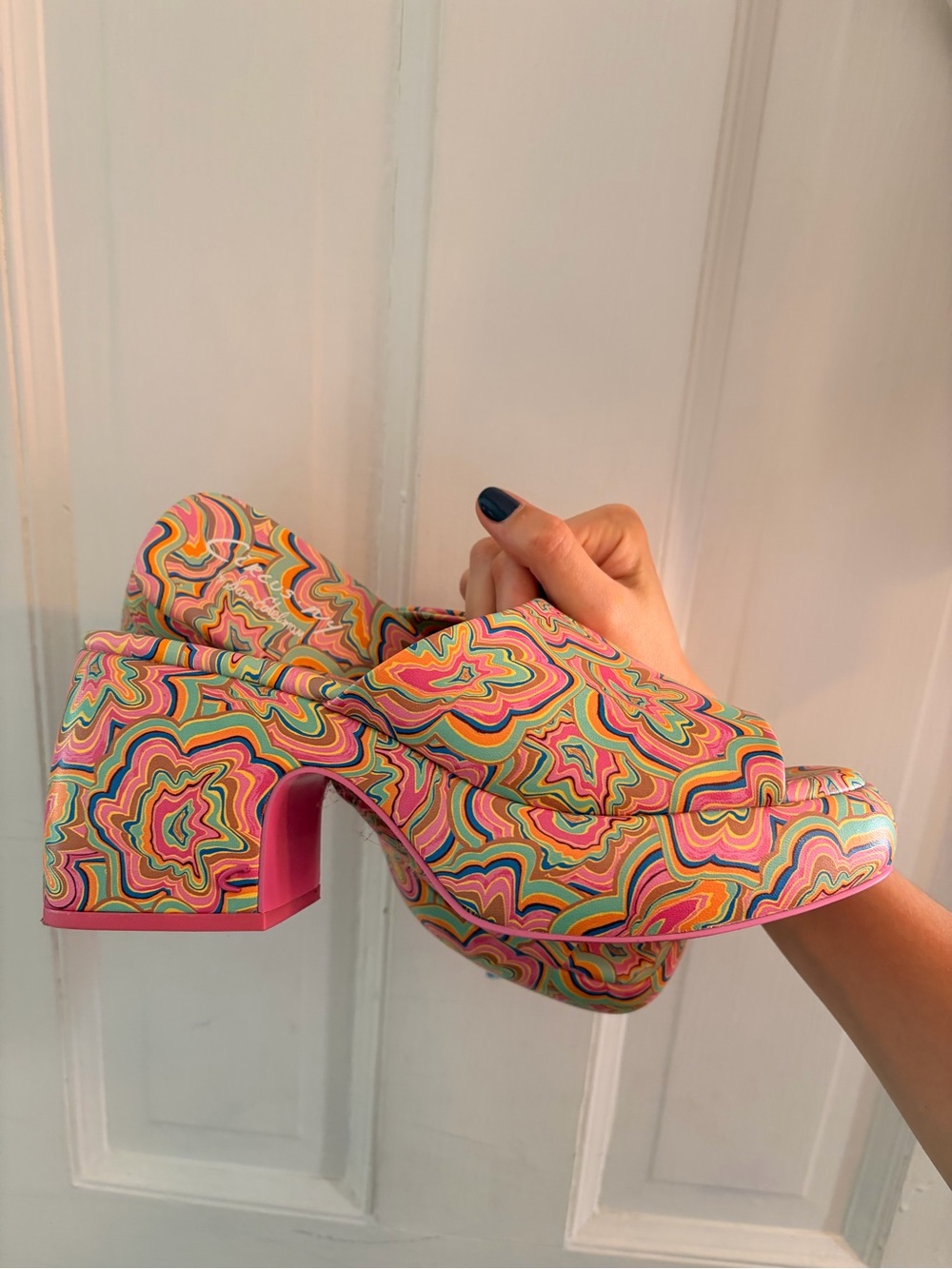 Sam Edelman Circus Isla Colorful Swirl Platform Slide Heels in Pink Multi